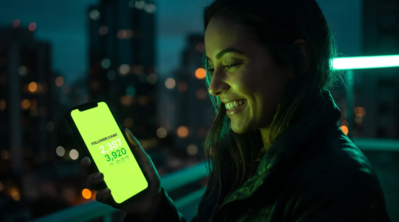 Cliente feliz vendo o número de seguidores crescer no celular
